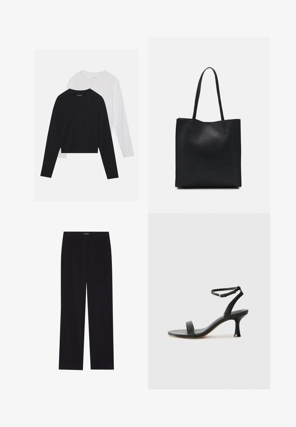 Two long-sleeved shirts: one black and one white. Both feature a crew neck, raglan sleeves, and a soft cotton blend fabric.; Black corduroy trousers with a straight cut, featuring a flat waistband and no visible pockets, smooth texture, and vertical ribbing detail.; Black leather heeled sandal with an ankle strap, featuring a sleek design, open toe, and a tapered heel for a streamlined silhouette.; Black leather tote bag with smooth texture, rectangular shape, and two long handles. No visible hardware or embellishments.