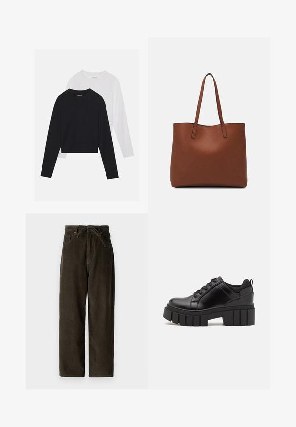 Du dušo ilgomis rankovėmis marškiniai: vieni juodi, kiti balti. Abu marškiniai turi apvalų iškirpimą, raglan tipo rankoves ir minkštą medvilnės mišinio audinį.; Tamsiai žali kordūrų kelnės su plačia koja, raišteliu per liemenį, dviem priekiniams kišenėmis ir minkšta, tekstūruota medžiaga.; Juodi odiniai platformos batai su masyviu blokuota kulniuku, apvalia nosimi ir tradiciniu šnypštimo dizainu. Turintys glotnų paviršių ir minimalų dekoravimą.; Ruda odinė priekabų krepšys su glotnia tekstūra, atviru viršumi ir dviem petnešomis. Su minimalia siuvimo detalėmis ir nematoma aparatūra.