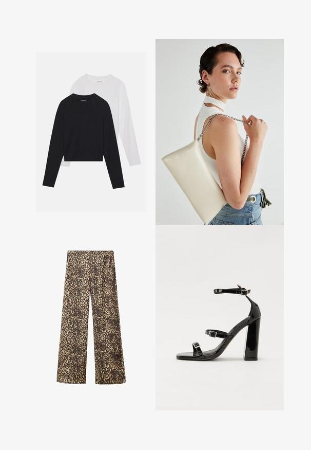 Deux chemises à manches longues : une noire et une blanche. Les deux présentent un col rond, des manches raglan et un tissu doux en mélange de coton.; Pantalons larges à imprimé léopard en tissu léger. Dotés d'une palette neutre de beige et de marron avec des taches noires et une coupe décontractée.; Sandales à talons vernies noires avec un bout carré, des sangles autour de la cheville et des boucles en argent. Dotées d'un talon bloc épais pour plus de stabilité.; Pochette rectangulaire blanche en matériau brillant, avec une bandoulière en chaîne argentée. Le modèle pose en mettant en valeur le sac contre un fond uni.