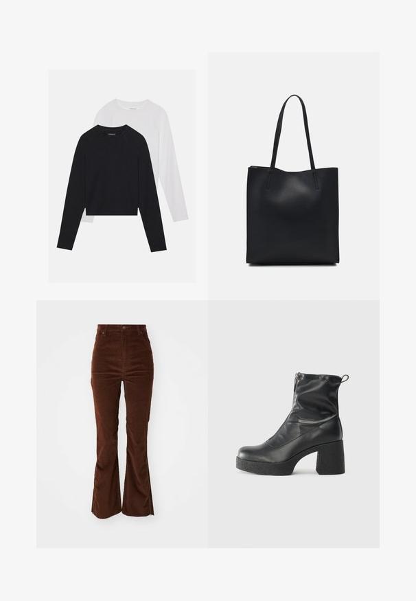 Kaks pikade varrukatega särki: üks must ja teine valge. Mõlemal on ümar kaelus, raglanvarrukad ja pehme puuvillasegu kangas.; Kohvirohelised kõrge vöökohaga puuvillased püksid, millel on ees olevad taskud ja laienevad sääred, millel on lukud välimistel õmblustes.; Mustad mustad ansapüksid, mis on valmistatud siledast nahast, külje zipperiga, paksu tekstuuriga kontsaga ja ümmarguse nina disainiga.; Mustast nahast kott sujuva tekstuuriga, ristkülikukujuline ja kahe pika sangaga. Pole nähtavat riistvara ega kaunistusi.