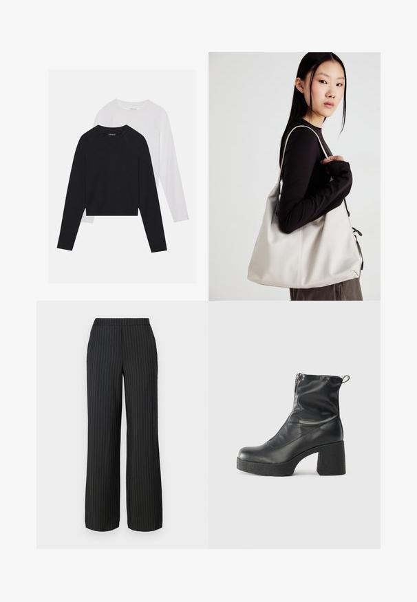 Duas camisas de manga longa: uma preta e uma branca. Ambas apresentam um decote redondo, mangas raglan e um tecido macio em mistura de algodão.; Calças largas pretas com padrão de risca de giz, apresentando uma cintura plana e dois bolsos laterais, feitas de um tecido suave.; Botas de tornozelo pretas feitas de couro liso, com fecho lateral, salto grosso texturizado e design de bico arredondado.; Uma bolsa bege feita de material macio, com um design descontraído, detalhes de costura e duas alças para o ombro. Adequada para uso diário.