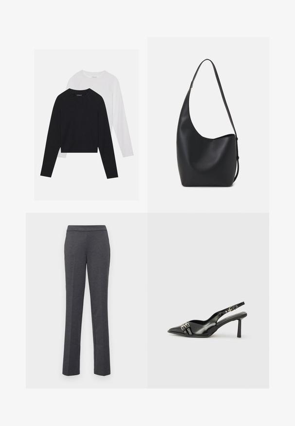 Dvoje tričiek s dlhým rukávom: jedno čierne a jedno biele. Obe majú okrúhly výstrih, raglánové rukávy a mäkkú zmes bavlny.; Sivé nohavice so strižkom rovného strihu, hladkou textúrou a širokým pásom. Obsahujú bočné vrecká pre praktickosť.; Čierne lakované kožené slingback topánky s špicatou špičkou, remienkami okolo členku s striebornými prackami a hardvérom, a štíhlým podpätkom.; Čierna kožená hobo taška so hladkou textúrou, zakriveným tvarom a jedným nastaviteľným popruhom; má široké otvorenie na vrchu.