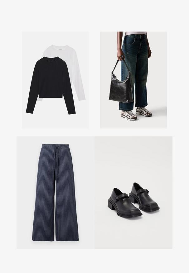 To lange ermerte skjorter: en svart og en hvit. Begge har rund hals, raglanermer og er laget av en myk bomullsblanding.; Vide bukser i marineblå med hvide lodrette striber. Lavet af et let stof, med snor i taljen og en glat tekstur.; Sorte lærersko med rund tå, flat såle og en rem med spenne-detalj. Kraftig blokkhæl for bedre stabilitet.; Sort skinnveske med en glatt tekstur og justerbar stropp, kombinert med falmede vide jeans og atletiske sneakers.