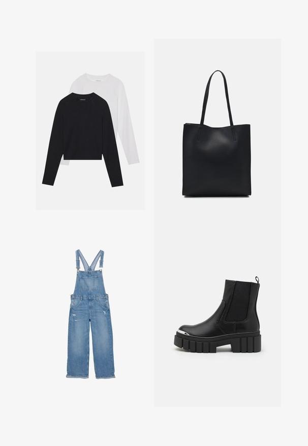 Dve dolge majice z dolgimi rokavi: ena črna in ena bela. Obe imata okroglo ovratnico, raglan rokave in mehko mešanico bombaža.; Jeansovine breze v svetlo modri barvi, s prilagodljivimi naramnicami, sprednjim žepom, stranskimi gumbi in poškodovanjem na nogah.; Črne gležnarje iz gladkega usnja z elastičnimi vložki, debelim platformnim podplatom in kovinskim kapicom.; Črna usnjena torba s svilnato teksturo, pravokotne oblike in dvema dolgima ročajema. Brez vidnih metalnih delov ali okrasnih elementov.