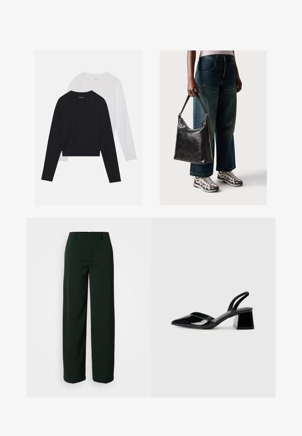 Duas camisas de manga longa: uma preta e uma branca. Ambas apresentam um decote redondo, mangas raglan e um tecido macio em mistura de algodão.; DRYKORN DESK - Calças - green; Sandy em verniz preto com salto slingback, ponta afilada e salto geométrico. Apresenta um design elegante e minimalista com textura suave.; Bolsa de ombro em couro preto com textura suave e alça ajustável, combinada com jeans de perna larga desbotados e ténis desportivos.