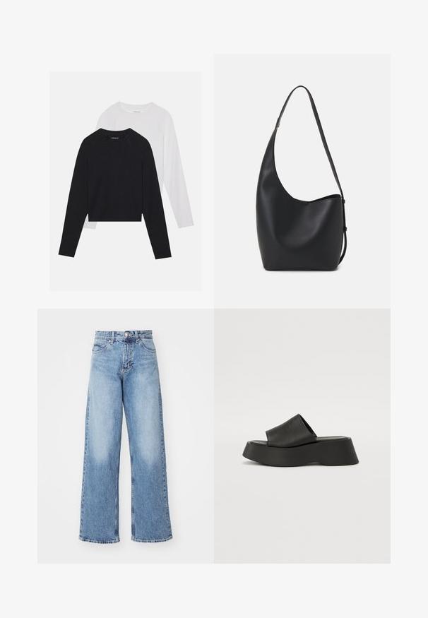 Du dušo ilgomis rankovėmis marškiniai: vieni juodi, kiti balti. Abu marškiniai turi apvalų iškirpimą, raglan tipo rankoves ir minkštą medvilnės mišinio audinį.; Šviesiai mėlynos džinsinės plačios kojelės kelnės su aukštu liemeniu, turi penkis kišenes ir sagų užsegimą. Įdrėksta tekstūra ir nusidėvėjęs kraštas.; Juodos platforminės šlepetės su plačiu dirželiu ir masyviu padu. Pagamintos iš lygios medžiagos su matinio paviršiaus apdaila ir be matomų detalių.; Juodas odinis hobo maišas su lygiu paviršiumi, kreipta forma ir viena reguliuojama rankena; turi platų atidarymą viršuje.