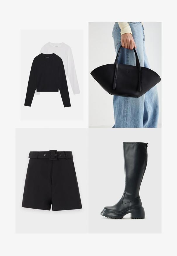 Dvoje tričiek s dlhým rukávom: jedno čierne a jedno biele. Obe majú okrúhly výstrih, raglánové rukávy a mäkkú zmes bavlny.; Čierne šortky vyrobené z hladkej tkaniny, ktoré majú široký pás s okami na opasok a uzatváranie so štvorcovou prackou, navrhnuté s priliehajúcim strihom.; Vysoká čierna kožená čižma s masívnou platformou a blokovým podpätkom, s praktickým pútkom a textúrovaným vzorom na podošve.; Čierna kožená kabelka s jedinečným tvarom ventilátora, so plochými držadlami. Povrch má štruktúru s brúseným efektom a minimalistic design.