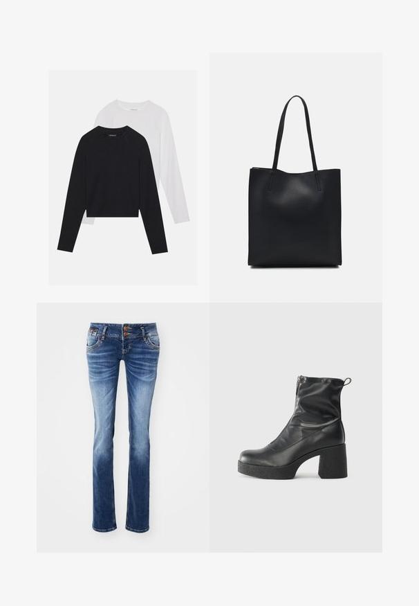 Duas camisas de manga longa: uma preta e uma branca. Ambas apresentam um decote redondo, mangas raglan e um tecido macio em mistura de algodão.; Calças de ganga com um gradiente do azul claro ao escuro, apresentando um design clássico de cinco bolsos, detalhes em botão de metal e um corte de perna reta.; Botas de tornozelo pretas feitas de couro liso, com fecho lateral, salto grosso texturizado e design de bico arredondado.; Bolsa tote preta em couro com textura lisa, forma retangular e duas alças longas. Sem hardware ou enfeites visíveis.