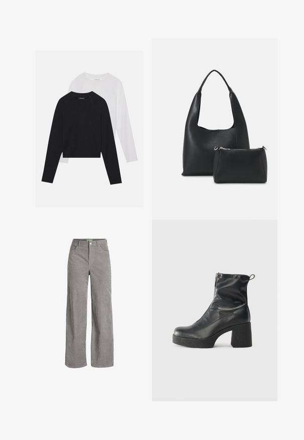 Two long-sleeved shirts: one black and one white. Both feature a crew neck, raglan sleeves, and a soft cotton blend fabric.; Gray corduroy wide-leg pants with a button closure and belt loops. Features two side pockets and a soft, textured fabric.; Black ankle boots made of smooth leather, featuring a side zipper, chunky textured heel, and rounded toe design.; Even&Odd Handbag - black