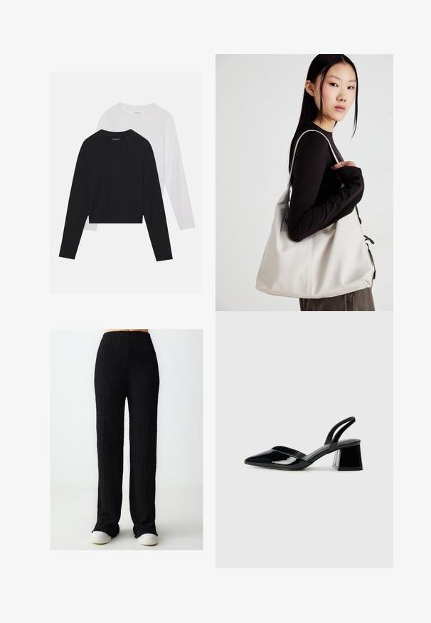 Zwei langärmelige Hemden: eines schwarz und eines weiß. Beide haben einen Rundhals, Raglanärmel und bestehen aus einem weichen Baumwollmischgewebe.; Schwarze, strukturierte, weit geschnittene Hosen mit hoher Taille und elastischem Bund. Der Stoff weist ein gitterartiges Muster auf. Kombiniert mit weißen Sneakers.; Schwarze Lackleder-Slingback-High Heels mit spitzem Schuh und einem geometrischen Blockabsatz. Verfügt über ein schlankes, minimalistisches Design und eine glatte Textur.; Beige Handtasche aus weichem Material, mit einem lässigen Design, gesteppten Details und zwei Schulterriemen. Geeignet für den täglichen Gebrauch.