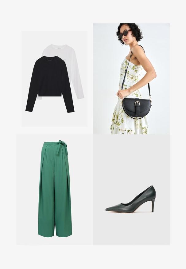 Du dušo ilgomis rankovėmis marškiniai: vieni juodi, kiti balti. Abu marškiniai turi apvalų iškirpimą, raglan tipo rankoves ir minkštą medvilnės mišinio audinį.; Žalios plačios kelnių kojos su kaklaraiščiu diržu, puoštos klostėmis ir lygiu audiniu. Sukurtos patogiam prigludimui ir universalumui stiliuje.; Juodas odinis aukštakulnis batelis su smailiu priekiniu obuoliuku ir siauru stiletto kulnu ant vienodo šviesaus fono.; Juodas odinis krepšys su išlenkta forma, nuimamu dirželiu ir auksiniais detalėmis. Krepšys turi kilpą su sagtimi.; Auksinės auskarai, turintys tekstūruotus, bangų formos elementus. Įeina skulptūriniai segami auskarai ir atviri lankai su išmuštu paviršiumi.