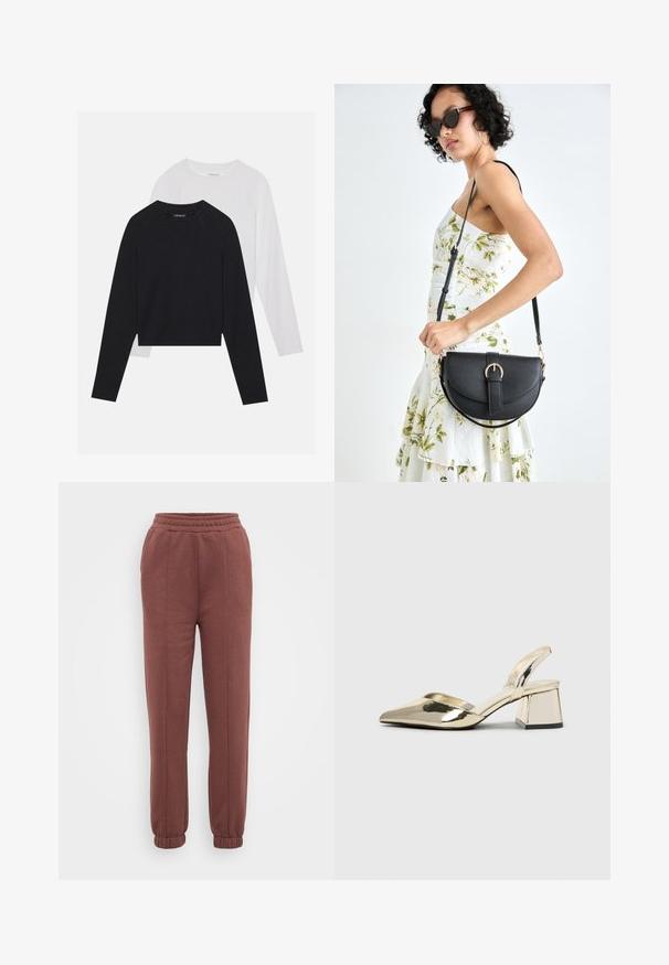 Du dušo ilgomis rankovėmis marškiniai: vieni juodi, kiti balti. Abu marškiniai turi apvalų iškirpimą, raglan tipo rankoves ir minkštą medvilnės mišinio audinį.; Rudos sportiniai džinsai su elastinga juosta, įrengtais rankogaliais, lygiu paviršiumi ir priekiniu siūlų apdaila. Tinka kasdieniam dėvėjimui.; Auksiniai, metaliniai slingback aukštakulniai bateliai su smailiu pirštu ir masyviu kulnu. Lygus paviršius, minimalizmo dizainas ir siaura juostelė.; Juodas odinis krepšys su išlenkta forma, nuimamu dirželiu ir auksiniais detalėmis. Krepšys turi kilpą su sagtimi.; Aukso tono metalinės auskarai su stilingu, kreiviu dizainu. Išsiskiria ryškiu smailiu pavidalu, poliruota paviršiumi ir užsegimu su vyriu.