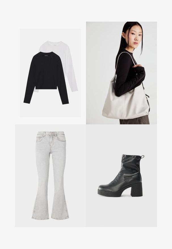 Duas camisas de manga longa: uma preta e uma branca. Ambas apresentam um decote redondo, mangas raglan e um tecido macio em mistura de algodão.; Jeans de flair cinza claro com um design clássico de cinco bolsos, corte slim na coxa e punhos em flair no tornozelo.; Botas de tornozelo pretas feitas de couro liso, com fecho lateral, salto grosso texturizado e design de bico arredondado.; Uma bolsa bege feita de material macio, com um design descontraído, detalhes de costura e duas alças para o ombro. Adequada para uso diário.