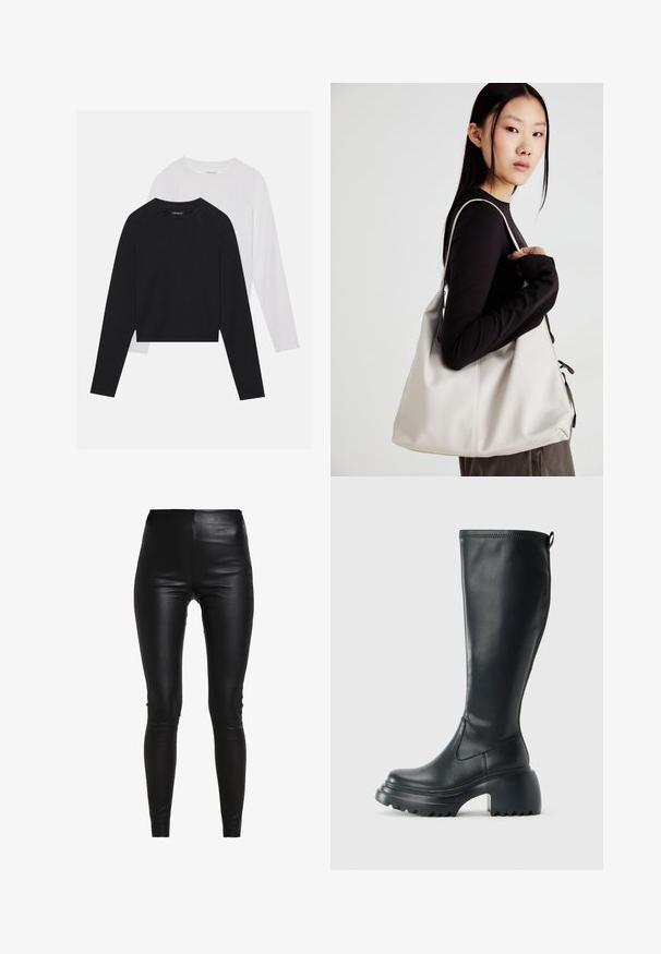 Two long-sleeved shirts: one black and one white. Both feature a crew neck, raglan sleeves, and a soft cotton blend fabric.; Black faux leather leggings with a high waist, form-fitting design, smooth texture, and no visible seams or embellishments.; Tall black leather boot with chunky platform sole and block heel, featuring pull tab and textured tread on outsole.; Beige handbag made of soft material, featuring a slouchy design, stitched detailing, and two shoulder straps. Suitable for everyday use.