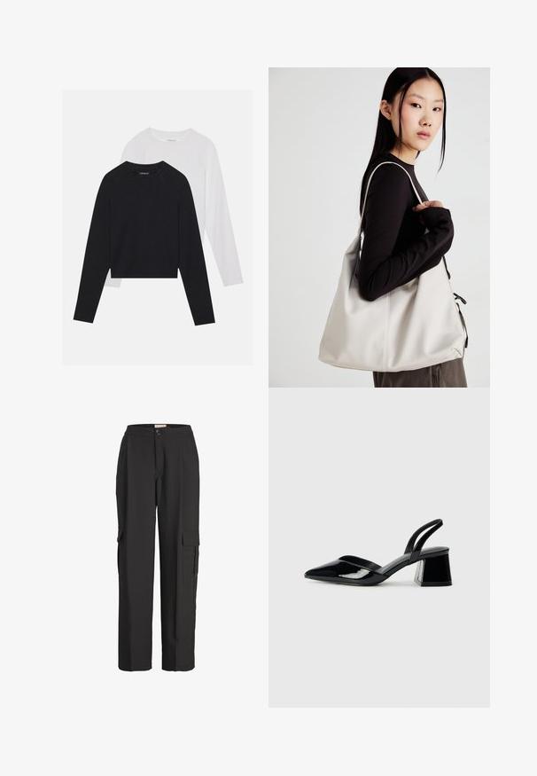 Dvije majice dugih rukava: jedna crna i jedna bijela. Obje imaju okrugli izrez, raglan rukave i mekani pamuk korišten za izradu.; JJXX JXMARY MW NOOS - Cargo hlače - black; Crne lakirane kožne sandale s otvorenom petom i špicastim vrhom, s geometrijskom blok petom. Imaju elegantan, minimalistički dizajn i glatku teksturu.; Bežna torba od mekog materijala s opuštenim dizajnom, šivanim detaljima i dva remena za rame. Pogodna za svakodnevnu upotrebu.