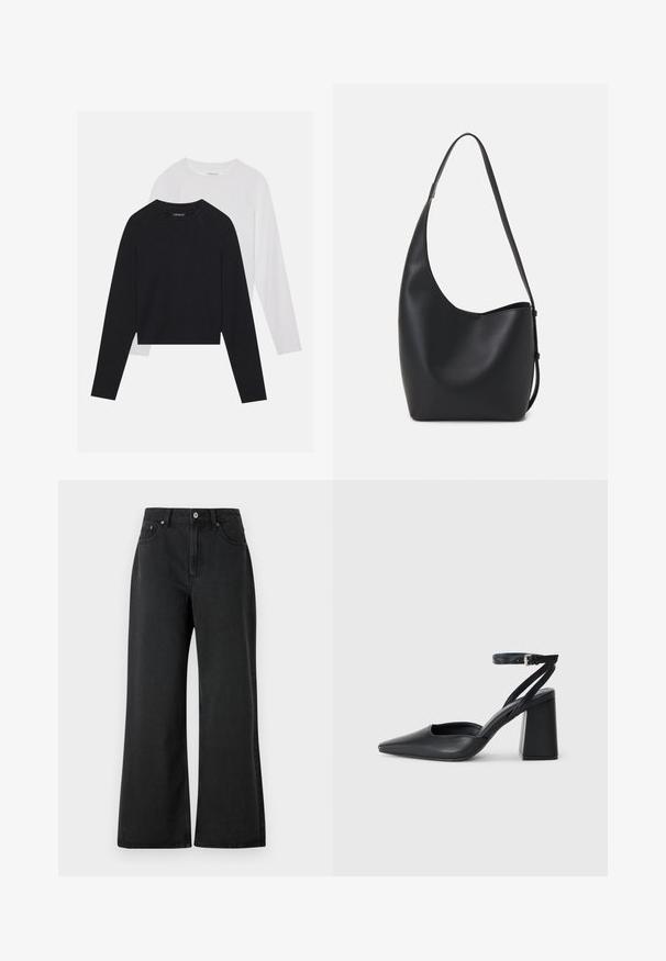 Két hosszúujjú póló: az egyik fekete, a másik fehér. Mindkettő kerek nyakú, raglán ujjal és puha pamutkeverék anyaggal készült.; Fekete, bővülő nadrág, amely denim anyagból készült, magas derékkal, elülső gombos záródással és finom textúrával rendelkezik. Tiszta dizájn, látható minták nélkül.; Fekete bőr, hegyes orrú magassarkú cipő boka pánttal és vastag sarokkal. Sima textúra, elegáns dizájn és minimális esztétika.; Fekete bőr hobo táska sima textúrával, ívelt formával és egyetlen állítható pánttal; széles nyílás található a tetején.; Ezüst karika fülbevalók, letisztult, kerek formával, sima felülettel és látható díszítés nélkül. A átmérő nem megadott.