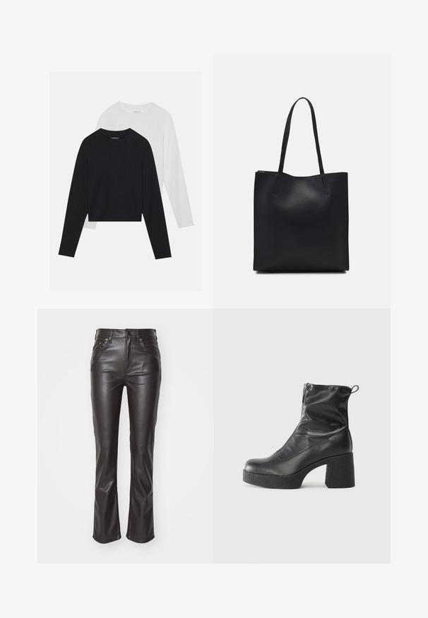 Kaksi pitkähihasta paitaa: yksi musta ja yksi valkoinen. Molemmissa on pyöreä kaula-aukko, raglan-hihat ja pehmeä puuvillasekoitekangas.; Musta nahkahousut, joissa on slim fit -leikkaus, keskitason vyötärö, etutaskut ja huomaamattomat kirjontayksityiskohdat. Kiiltävä pinta ja levenevähelma.; Mustat nilkkurit, jotka on valmistettu sileästä nahasta. Niissä on sivuvetoketju, paksu teksturoitu korko ja pyöristetty kärki.; Mustapahkainen kangaskassi, jossa on sileä pinta, suorakaiteen muotoinen ja kaksi pitkää kahvaa. Ei näkyvää metalliosaa tai koristeita.