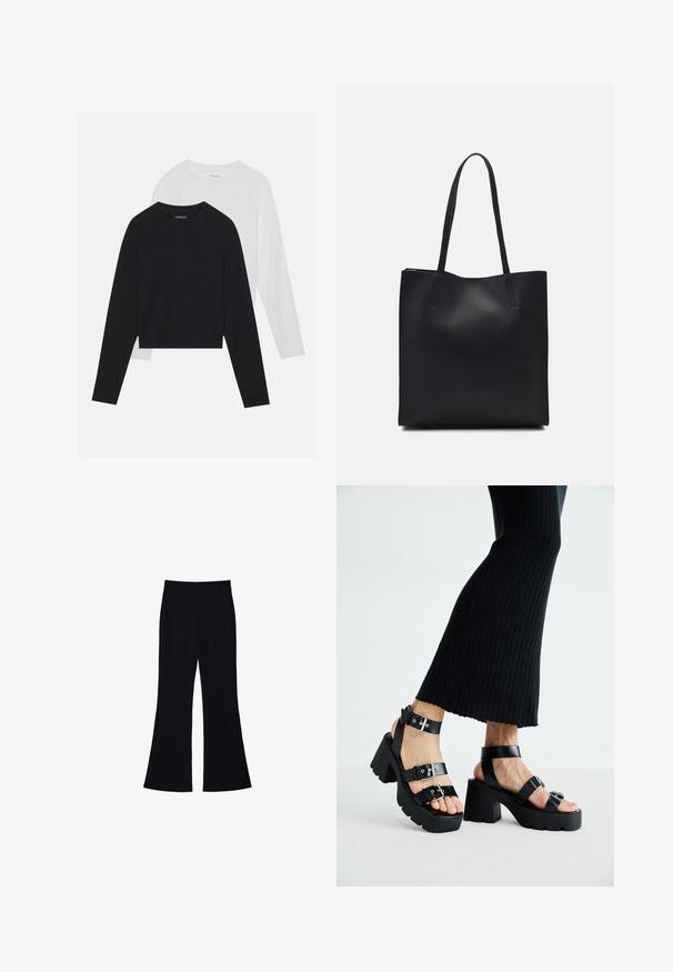 Dvoje tričiek s dlhým rukávom: jedno čierne a jedno biele. Obe majú okrúhly výstrih, raglánové rukávy a mäkkú zmes bavlny.; Čierne široké nohavice s vysokým pásom a bez viditeľných vreciek alebo gombíkov, zobrazené na bielom pozadí.; Čierne platformové sandále s robustnými, zúbkovanými podrážkami a viacerými popruhmi, s kovovými prackami a hladkým textúrou pripomínajúcou kožu.; Čierna kožená taška na rameno s hladkým povrchom, obdĺžnikovým tvarom a dvoma dlhými uchami. Bez viditeľného kovania alebo ozdôb.