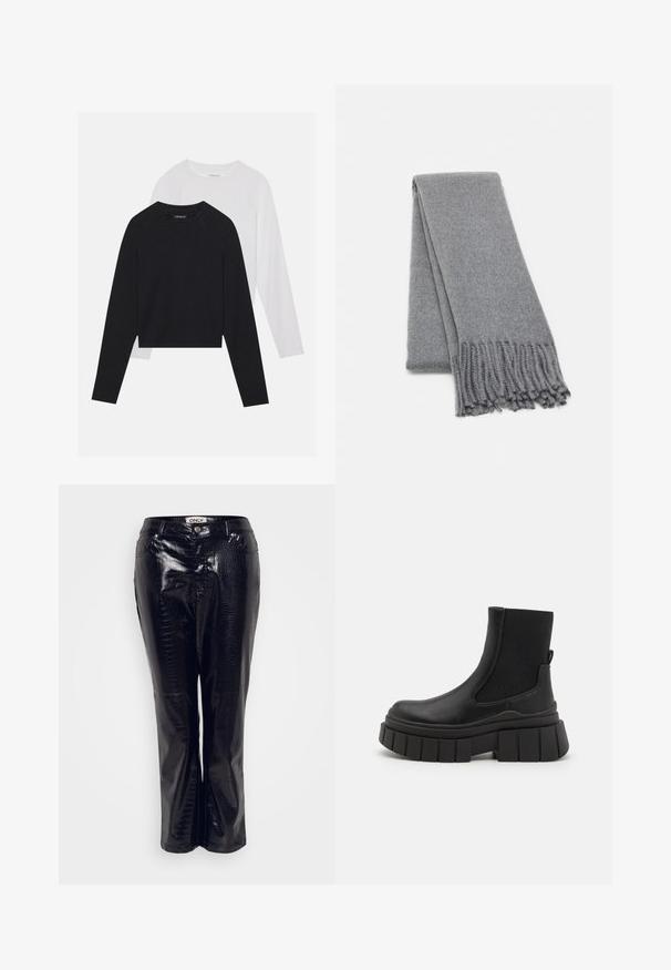 Two long-sleeved shirts: one black and one white. Both feature a crew neck, raglan sleeves, and a soft cotton blend fabric.; Black faux leather pants with a crocodile texture, featuring a straight leg design and front button closure.; Black ankle boots made of smooth leather with elastic side panels, a chunky platform sole, and a textured tread design.; Gray wool scarf with a soft texture, featuring fringed edges and a simple design. Folded neatly, showcasing its elongated shape.