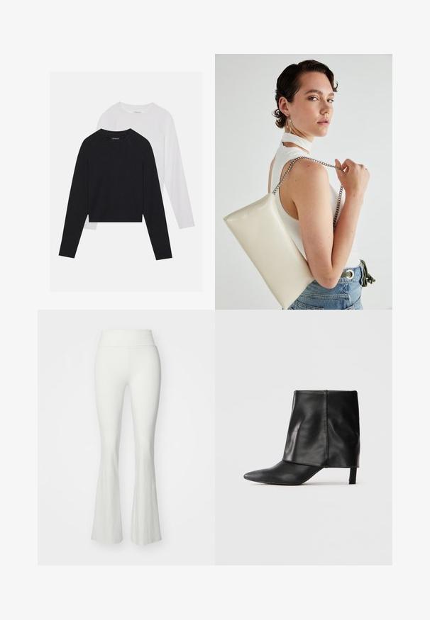 Dos camisetas de manga larga: una negra y una blanca. Ambas cuentan con un cuello redondo, mangas raglán y una suave mezcla de algodón.; Pantalones blancos acampanados con una cinturilla alta, hechos de un material liso y elástico. Presentan un silueta ajustada que se ensancha en la parte inferior de la pierna.; Botín de cuero negro a medio pantalón con punta afilada, parte superior doblada y tacón bajo delgado, de pie sobre un fondo blanco.; Bolso de mano rectangular blanco, hecho de un material brillante, con una cadena plateada. La modelo posa, mostrando el bolso frente a un fondo liso.