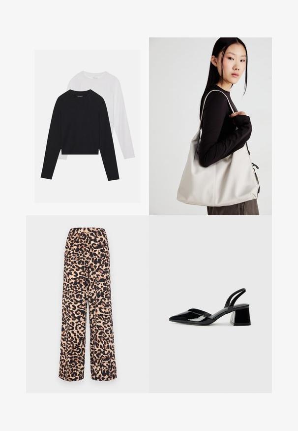 Two long-sleeved shirts: one black and one white. Both feature a crew neck, raglan sleeves, and a soft cotton blend fabric.; Wide-leg pants made of soft fabric featuring a leopard print in warm beige and dark brown, with an elastic waistband for comfort.; Black patent leather slingback heels with a pointed toe and a geometric block heel. Features a sleek, minimal design and smooth texture.; Beige handbag made of soft material, featuring a slouchy design, stitched detailing, and two shoulder straps. Suitable for everyday use.