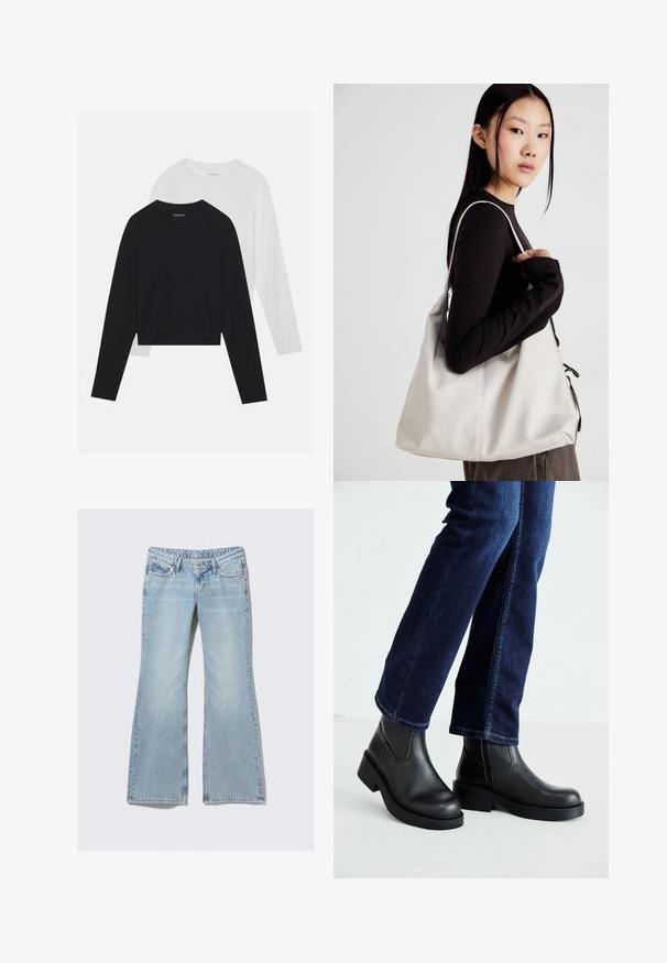 To lange ermerte skjorter: en svart og en hvit. Begge har rund hals, raglanermer og er laget av en myk bomullsblanding.; Weekday NOVA - Jeans slim fit - lip blue; Sorte lær ankelsko med en kraftig såle og elastiske paneler på siden, kombinert med mørkeblå jeans. Underlaget er lyst.; Beige håndveske laget av mykt materiale, med en slapp design, sydd detaljer og to skulderstropper. Passer for daglig bruk.