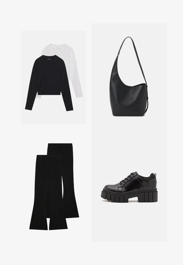 Deux chemises à manches longues : une noire et une blanche. Les deux présentent un col rond, des manches raglan et un tissu doux en mélange de coton.; Pantalons noirs évasés en tissu extensible, dotés d'une taille haute et d'une texture lisse, avec une coupe ajustée qui s'évasent à partir du genou.; Chaussures à plateforme en cuir noir avec un talon bloc épais, bout rond et un design traditionnel à lacets. Elles présentent une texture lisse et un détail minimal.; Sac hobo en cuir noir avec une texture lisse, une forme incurvée et une seule sangle réglable ; dispose d'une large ouverture en haut.