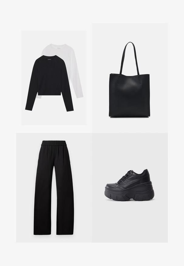 Du dušo ilgomis rankovėmis marškiniai: vieni juodi, kiti balti. Abu marškiniai turi apvalų iškirpimą, raglan tipo rankoves ir minkštą medvilnės mišinio audinį.; Juodi plačios kojų kelnės su elastinga juosmens juosta, pasižyminčios lygiu paviršiumi ir grindų ilgio dizainu, užtikrinančiu patogią prigludimą.; Juodi lakuoti sportbačiai su masyviu padu, turintys sklandų odinį viršų, suapvalintą pirštą ir išskirtinį sluoksniuotą platformos dizainą.; Juodas odinis tote krepšys su lygia tekstūra, stačiakampio formos ir dviem ilgais rankenomis. Matomų metalinių detalių ar puošybos nėra.