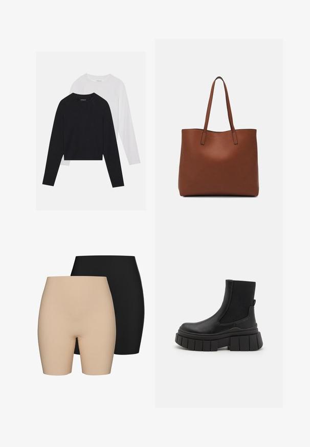 Két hosszúujjú póló: az egyik fekete, a másik fehér. Mindkettő kerek nyakú, raglán ujjal és puha pamutkeverék anyaggal készült.; Két pár magas derekú rövidnadrág: az egyik meztelen színű, a másik fekete. Sima textúrával rendelkeznek és a comb közepéig érnek.; Fekete bokacsizmák sima bőrből, elasztikus oldalsó panelek, vastag platform talp és texturált bordázatú talpszerkezettel.; Barna bőr vászontáska sima textúrával, nyitott tetejű dizájnnal és két vállpánttal. Minimális varrással és látható hardver nélkül készült.