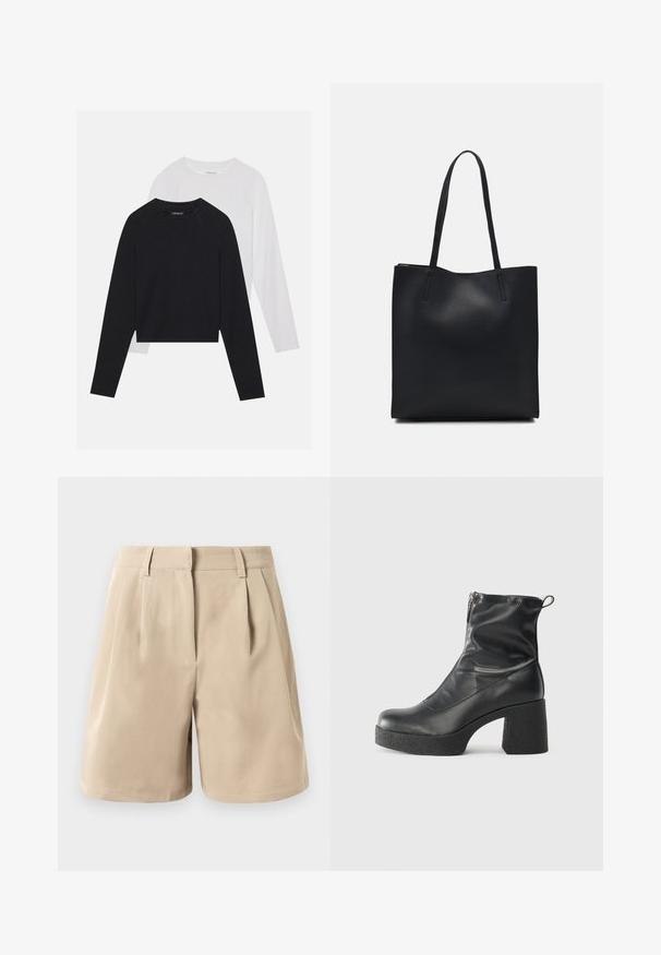 Două cămăși cu mâneci lungi: una neagră și una albă. Ambele au guler rotund, mâneci raglan și sunt realizate dintr-un amestec moale de bumbac.; Pantaloni scurți bej, cu talie înaltă, croiți, cu bucle pentru curea, pliseuri frontale și închidere frontală ascunsă, pe un fundal alb.; Bocanci negri de glezna din piele netedă, cu fermoar lateral, toc texturat și masiv, și design cu vârf rotund.; Geantă tote neagră din piele, cu textură netedă, formă rectangulară și două mânere lungi. Fără hardware vizibil sau ornamente.