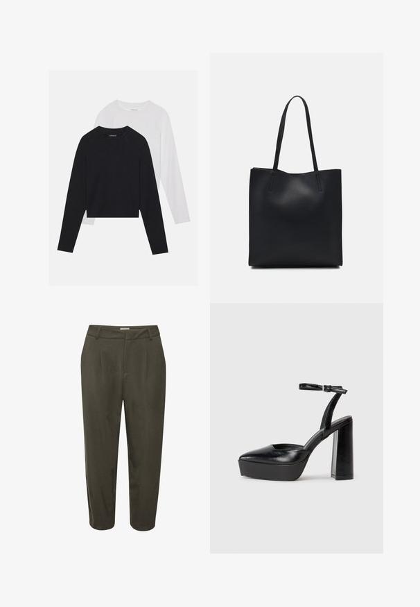 Kaks pikade varrukatega särki: üks must ja teine valge. Mõlemal on ümar kaelus, raglanvarrukad ja pehme puuvillasegu kangas.; Tumedat rohelised, kohandatud püksid voldikute ja istuva vöökohtaga, millel on lühendatud pikkus. Valmistatud siledast kangast, millel on peen sära.; Mustad platvormi kontsad terava ninaga ja reguleeritava pahkluuraamiga. Valmistatud siledast nahast, funktsioneerib massiivse plokknäheeliga.; Mustast nahast kott sujuva tekstuuriga, ristkülikukujuline ja kahe pika sangaga. Pole nähtavat riistvara ega kaunistusi.