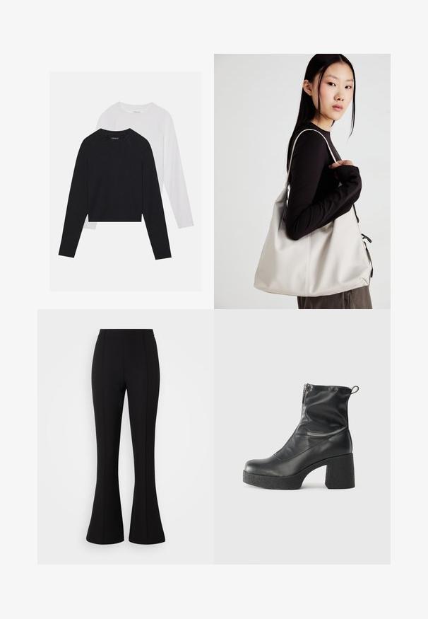 Du dušo ilgomis rankovėmis marškiniai: vieni juodi, kiti balti. Abu marškiniai turi apvalų iškirpimą, raglan tipo rankoves ir minkštą medvilnės mišinio audinį.; Juodos flared kelnės, pagamintos iš tamprių audinių, pasižyminčios lygiu paviršiumi, aukštu liemeniu ir siūlių detalėmis priekyje.; Juodos kulkšninių botai, pagaminti iš lygaus odos, su šoniniu užtrauktuku, masyviu tekstūruotu kulnu ir apvaliu pirštu.; Bežinė rankinė, pagaminta iš minkštos medžiagos, turinti laisvą dizainą, siuvinėtas detalės ir dvi petnešos. Tinkama kasdieniam naudojimui.