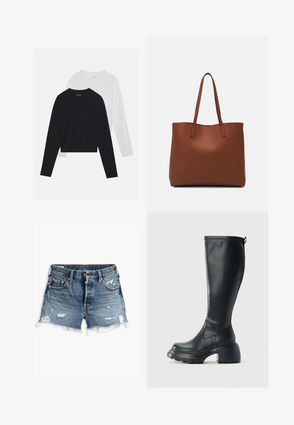 Duas camisas de manga longa: uma preta e uma branca. Ambas apresentam um decote redondo, mangas raglan e um tecido macio em mistura de algodão.; Calças de ganga curtas de azul médio com tecido desgastado, bainha desfiada, cinco bolsos e detalhes em metal cor cobre.; Bota preta de couro alta com sola de plataforma robusta e salto bloco, apresentando puxador e padrão texturizado na sola.; Bolsa tote de couro castanho com uma textura suave, design de abertura superior e duas alças para o ombro. Apresenta costura mínima e sem hardware visível.