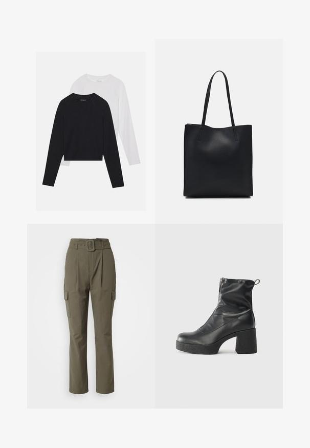 To lange langærmede skjorter: en sort og en hvid. Begge har en rund halsudskæring, raglanærmer og et blødt bomuldsblandingsstof.; Olivengrønne cargo bukser med bæltestrop, lige ben, to sidelommer og en glat stoftekstur.; Sorte ankelstøvler lavet af glat læder, med en sidelukning, kraftig struktureret hæl og rundt tådesign.; Sort læder tote taske med glat tekstur, rektangulær form og to lange hanke. Ingen synlig hardware eller udsmykninger.