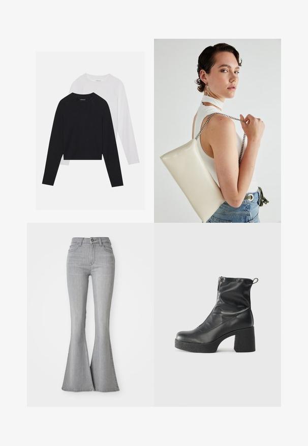 To lange ermerte skjorter: en svart og en hvit. Begge har rund hals, raglanermer og er laget av en myk bomullsblanding.; Høyt liv lys grå denimjeans med utvidet ben, frontknapp, glidelåsåpning, samt front- og baklommer.; Svarte ankelstøvler laget av glatt lær, med glidelås på siden, chunky strukturert hæl, og rund tå-design.; Hvit rektangulær clutch-veske laget av blankt materiale, med en sølvkjede-stropp. Modellen poserer og viser vesken mot en ensfarget bakgrunn.