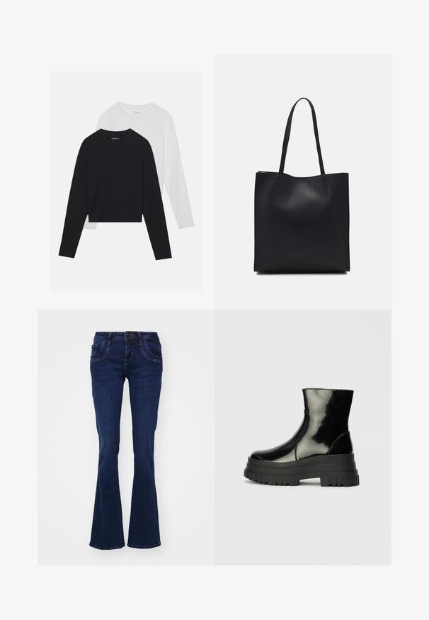 Divas garām piedurknēm krekli: viens melns un viens balts. Abiem ir apaļa izgriezne, raglanu piedurknes un mīksta kokvilnas maisījuma audums.; Tumši zilie izsistie džinsi, izgatavoti no denima. Iespējas: piecas kabatas, priekšējā rāvējslēdzēja aizdare un šuvju izšuvumi gar šuvēm.; Melnas spīdīgas potītes zābaki ar biezu zoli un noapaļotu purngalu, sānu skats uz vienkārša gaiši pelēka fona.; Melnas ādas somiņa ar gludu tekstūru, taisnstūra formu un divām garām rokturiem. Nav redzamu aparatūras vai rotājumu.