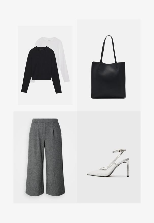 Două cămăși cu mâneci lungi: una neagră și una albă. Ambele au guler rotund, mâneci raglan și sunt realizate dintr-un amestec moale de bumbac.; Pantaloni gri cu picioare largi dintr-un material texturat, având talie înaltă și pliseuri frontale, concepuți pentru o potrivire lejeră. Fără buzunare vizibile.; Pantofii cu toc stiletto clar, cu vârful ascuțit, material transparent, accente metalice argintii și curea ajustabilă pentru glezne.; Geantă tote neagră din piele, cu textură netedă, formă rectangulară și două mânere lungi. Fără hardware vizibil sau ornamente.