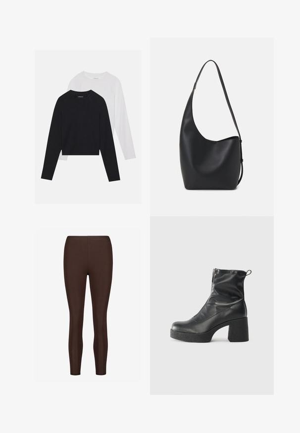 Du dušo ilgomis rankovėmis marškiniai: vieni juodi, kiti balti. Abu marškiniai turi apvalų iškirpimą, raglan tipo rankoves ir minkštą medvilnės mišinio audinį.; Rudos elastingi leggingai su lygiu paviršiumi, turintys aukštą juosmenį ir siaurėjantį kojų dizainą, tinkantys aktyviam arba kasdieniam dėvėjimui.; Juodos kulkšninių botai, pagaminti iš lygaus odos, su šoniniu užtrauktuku, masyviu tekstūruotu kulnu ir apvaliu pirštu.; Juodas odinis hobo maišas su lygiu paviršiumi, kreipta forma ir viena reguliuojama rankena; turi platų atidarymą viršuje.