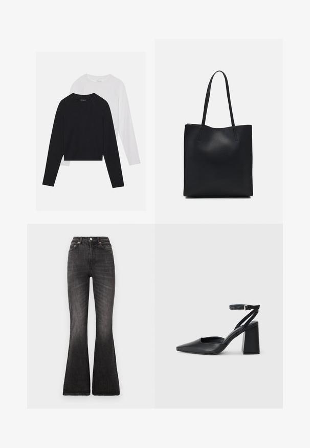Dve dolge majice z dolgimi rokavi: ena črna in ena bela. Obe imata okroglo ovratnico, raglan rokave in mehko mešanico bombaža.; Črne razširjene kavbojke z visokim pasom, opremljene z kovinskim gumbom za zapiranje, pet-žepnim dizajnom in subtilnim zbledelostjo vzdolž teksture tkanine.; Črne usnjene klasične čevlje z ostrim nosom, z zaponko za gleženj in debelim peto. Ravna tekstura, eleganten dizajn in minimalistična estetika.; Črna usnjena torba s svilnato teksturo, pravokotne oblike in dvema dolgima ročajema. Brez vidnih metalnih delov ali okrasnih elementov.