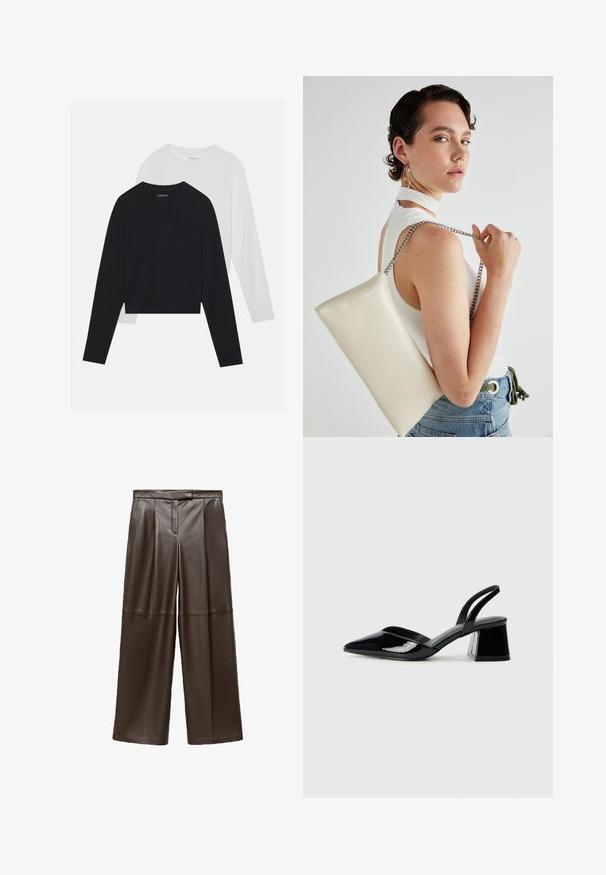 Dvoje tričiek s dlhým rukávom: jedno čierne a jedno biele. Obe majú okrúhly výstrih, raglánové rukávy a mäkkú zmes bavlny.; Hnedé kožené nohavice so širokými nohavicami s hladkou textúrou, s prehybmi vpredu a klasickým dizajnom pása.; Čierne lakované kožené sandálové podpätky s špicatou špičkou a geometrickým blokovým podpätkom. Disponujú elegantným, minimalistickým dizajnom a hladkým povrchom.; Biely obdĺžnikový kabelka z lesklého materiálu s strieborným reťazovým popruhom. Model predvádza kabelku na jednotnom pozadí.