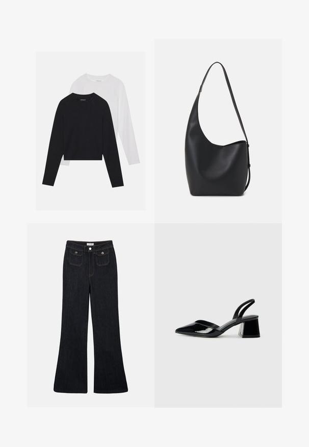 Duas camisas de manga longa: uma preta e uma branca. Ambas apresentam um decote redondo, mangas raglan e um tecido macio em mistura de algodão.; Calças de ganga escuras com boca de sino e cintura alta, com dois bolsos frontais e costura laranja. O material parece resistente e suave.; Sandy em verniz preto com salto slingback, ponta afilada e salto geométrico. Apresenta um design elegante e minimalista com textura suave.; Saco hobo preto em pele com uma textura lisa, forma curva e uma única alça ajustável; apresenta uma abertura larga na parte de cima.