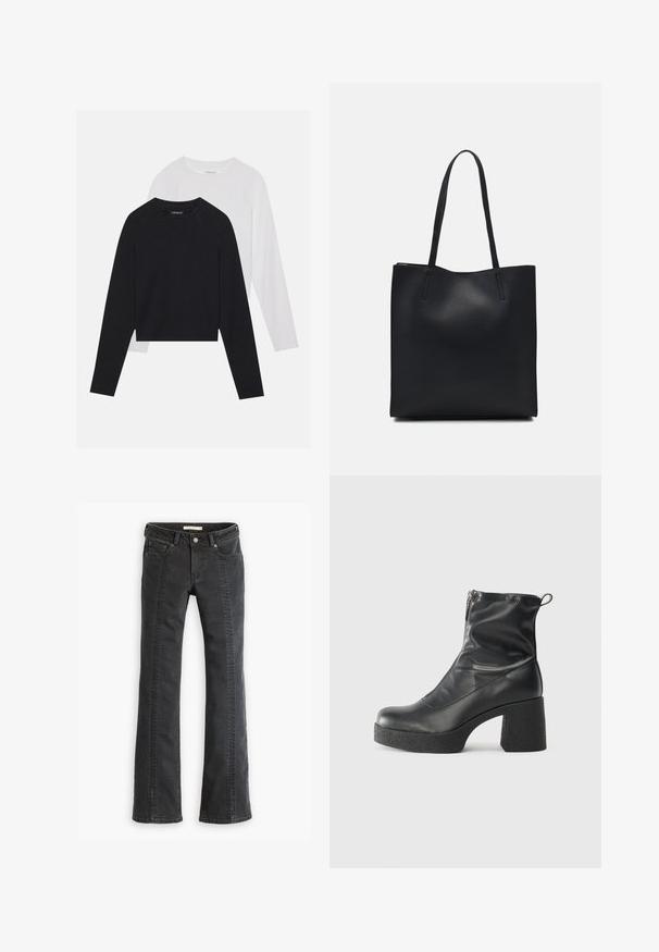 Dve dolge majice z dolgimi rokavi: ena črna in ena bela. Obe imata okroglo ovratnico, raglan rokave in mehko mešanico bombaža.; Črne razširjene jeans hlače iz denima z petimi žepi, zankami za pas in kontrastnim šivanjem ob sprednjih šivih. Mehka tekstura in standardni pas.; Črne gležnjarje iz gladke kože z božnim zadrgo, masivnim teksturiranim peto in zaobljeno obliko prstov.; Črna usnjena torba s svilnato teksturo, pravokotne oblike in dvema dolgima ročajema. Brez vidnih metalnih delov ali okrasnih elementov.