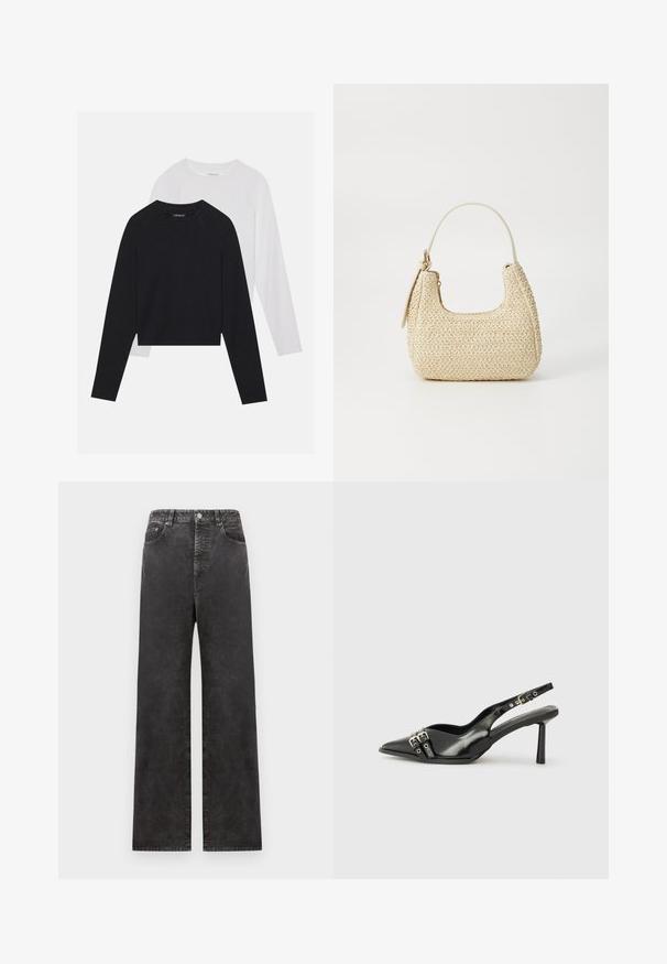 Kaksi pitkähihasta paitaa: yksi musta ja yksi valkoinen. Molemmissa on pyöreä kaula-aukko, raglan-hihat ja pehmeä puuvillasekoitekangas.; Mustat leveälahkeiset farkut korkealla vyötäröllä, joissa on etutaskut, nappisuljin ja hieman haalistunut pinta.; Musta patenttinen nahkainen slingback-kengät, joissa on terävä nenä, nilkkahihnat hopeisilla soljilla ja varusteilla sekä hoikka korko.; Kudottu olkilaukku vaaleanbeigessä, kaarevassa muodossa, lyhyellä hihnalla ja sivuvetoketjulla. Ominaisuuksiin kuuluu teksturoidumpaa pintaa ja minimalistinen muotoilu.