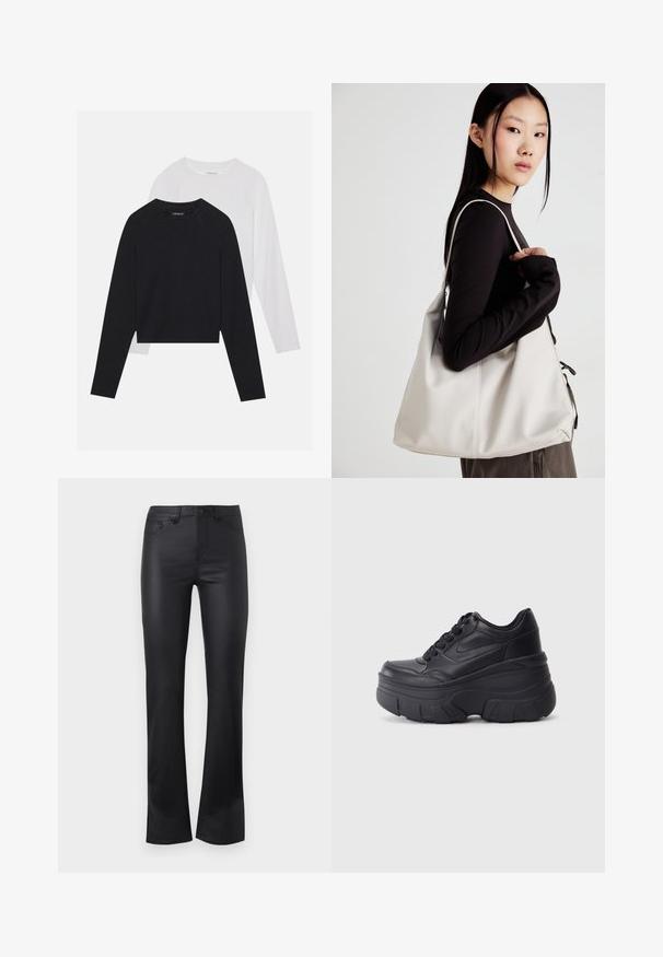 Dvije majice dugih rukava: jedna crna i jedna bijela. Obje imaju okrugli izrez, raglan rukave i mekani pamuk korišten za izradu.; Crne razširene traperice iz gladkega materiala, ki imajo sprednji gumb za zapiranje, pet žepov in subtilne detajle šivanja.; Crne tenisice na vezanje s debelim potplatom, koje imaju glatku kožnu gornju stranu, zaobljeni vrh i izražen slojeviti dizajn platforme.; Bežna torba od mekog materijala s opuštenim dizajnom, šivanim detaljima i dva remena za rame. Pogodna za svakodnevnu upotrebu.