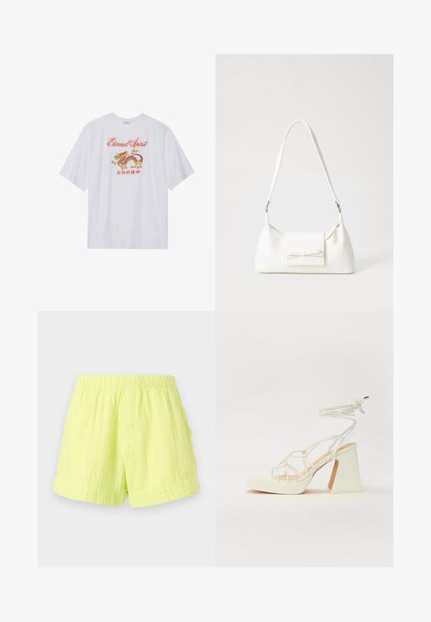 Biele tričko s krátkym rukávom s grafickým motívom červeného a žltého draka a textom "Večný duch". Vyrobené z ľahkej látky. Voľný strih.; Limetkovozelené šortky vyrobené z ľahkej textúrovanej látky s elastickým pásom a jedným bočným vreckom. Žiadne viditeľné zapínanie.; Biele sandále na vysokom opätku s hrubým podpätkom, s pruhovaným dizajnom a viazaním na členku. Hladký povrch s platformou vpredu pre zvýšenú výšku.; Biela syntetická kabelka s trojuholníkovým tvarom, plochým predným klapkou a detailom mašle, nastaviteľným popruhom, hladkou textúrou a minimalistickým dizajnom.