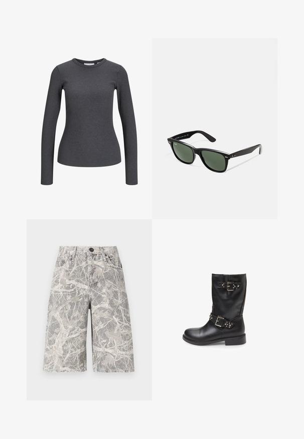 Long-sleeve, ribbed top in dark gray. Features a round neckline and fitted silhouette. Made of a stretch fabric for comfort.; Camo-patterned denim shorts in shades of gray and beige, featuring a classic five-pocket design and metal button closure.; Bata Cowboy/biker ankle boot - nero; Black plastic sunglasses with green lenses, square frames, silver accent on the brow, and textured temple arms. Stated brand on inner arm.; Translucent brown resin bangle with a smooth, rounded surface and subtle marbling; features a small branded label on the interior.