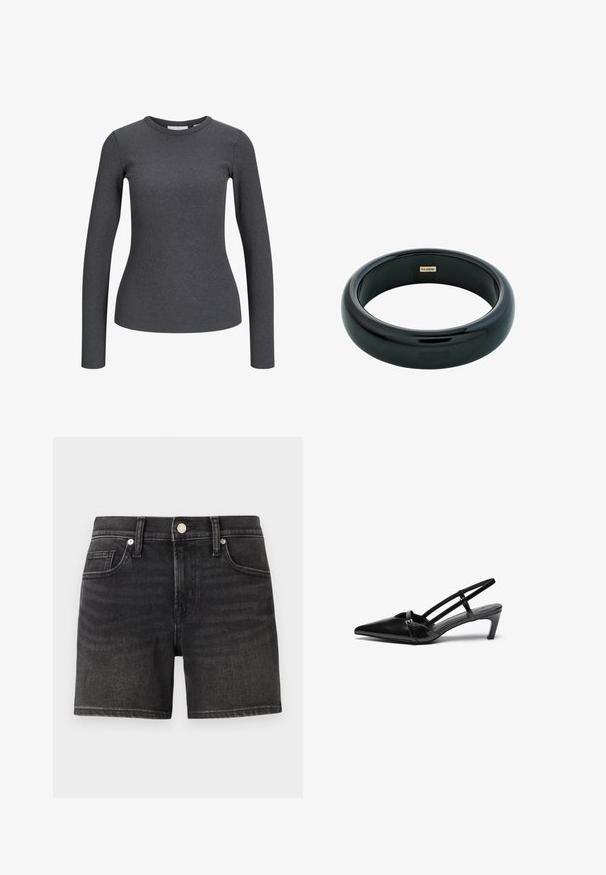 Dugih rukava, rebrasti gornji dio u tamnosivoj boji. Karakterizira ga okrugli izrez i prilagođen silueta. Izrađeno od rastezljivog materijala za udobnost.; Crne traperice kratke hlače s klasičnim dizajnom od pet džepova, s prednjim zatvaranjem na dugme i blagim izblijedjivanjem za teksturu.; Crne salonke od lakirane kože s remenčićem oko gležnja, šiljastim vrhom, tankim trakicama oko gležnja i srednje visokom blok petom. Ukrašene malim detaljem kopče.; Crni smolasti narukvica s glatkom, sjajnom površinom i zaobljenim ivicama. Ima mali zlatni "Pilgrim" logo na unutrašnjoj strani.