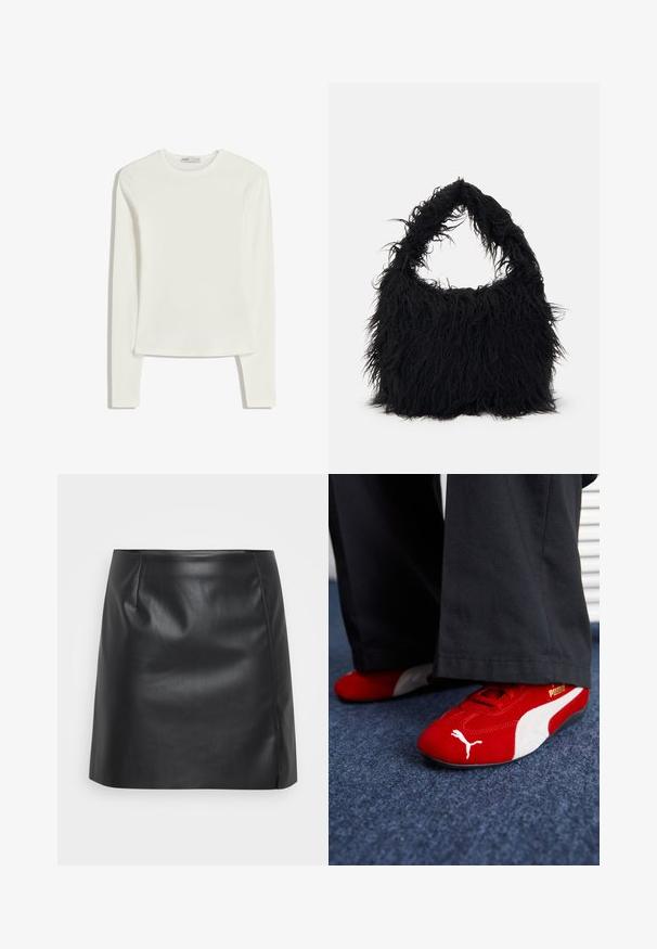 White long-sleeve top made of soft, smooth fabric. Features a crew neckline and slim fit with minimal stitching details.; Black leather mini skirt with a smooth texture, featuring a slightly flared shape, front pleats, and a side seam for added detail.; Red suede sneakers with white accents, featuring textured material, round toe, and a gold logo on the side, worn with black pants.; Even&Odd Tote bag - black