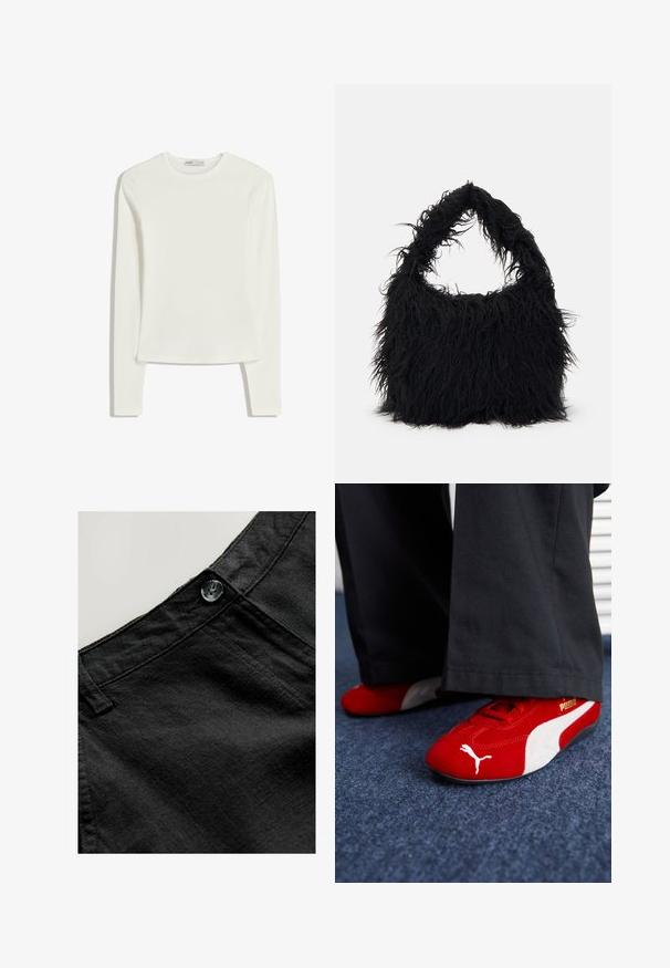 Valkoinen pitkähihaisinen paita, joka on valmistettu pehmeästä ja sileästä kankaasta. Ominaisuuksiin kuuluvat pyöreä pääntie ja slim-fit -leikkaus, joissa on minimaalista ompeluyksityiskohtaa.; Mustat pellavahousut, joissa on sileä pinta ja pyöreä nappi, sekä tikatut yksityiskohdat vyötäröllä ja taskuissa.; Punaiset mokkapohjaiset lenkkarit valkoisilla yksityiskohdilla, joissa on tekstuurinen materiaali, pyöreä kärki ja kultainen logo sivussa, yhdistetty mustiin housuihin.; Even&Odd Shopping bag - black