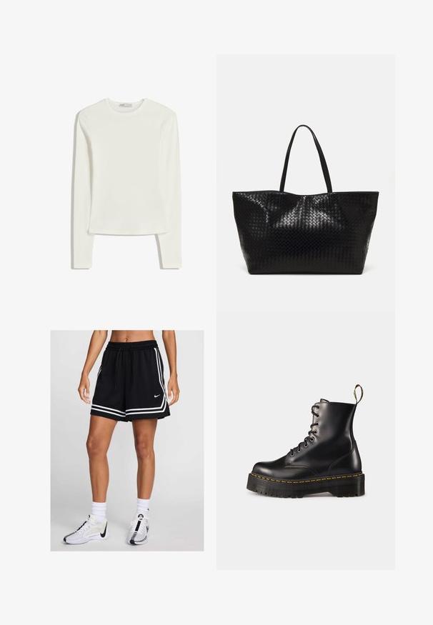 Biele tričko s dlhým rukávom z mäkkej a hladkej tkaniny. Má okrúhly výstrih a priliehavý strih s minimálnymi švovými detailmi.; Čierne atletické šortky s bielymi pruhmi, elastickým pásom a šnúrkou. Skombinované s bielo-čiernymi teniskami a ponožkami.; Čierne kožené členkové topánky na šnurovanie s masívnou čiernou podrážkou a žltým prešitím. Obsahujú pútko na zadnej strane a okrúhle kovové očká.; Čierna tkaná taška s dvoma pevnými uchami, s lesklým povrchom a priestranným otvoreným dizajnom vrchnej časti.
